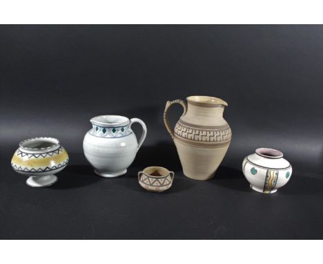 EARLY POOLE POTTERY - CARTER/STABLER/ADAMS five early pieces including a squat vase with bands of lines and dots and circular