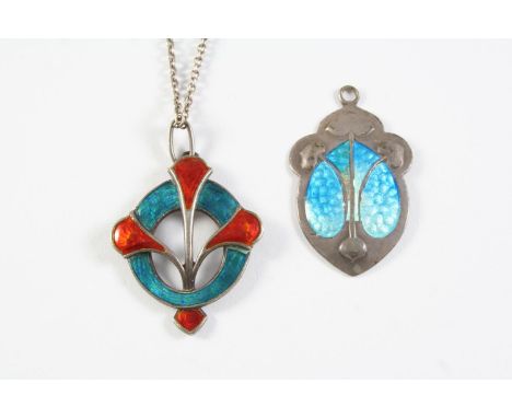 AN ART NOUVEAU SILVER AND ENAMEL PENDANT BY WILLIAM H. HASELER decorated with turquoise and and orange enamel, maker's initia