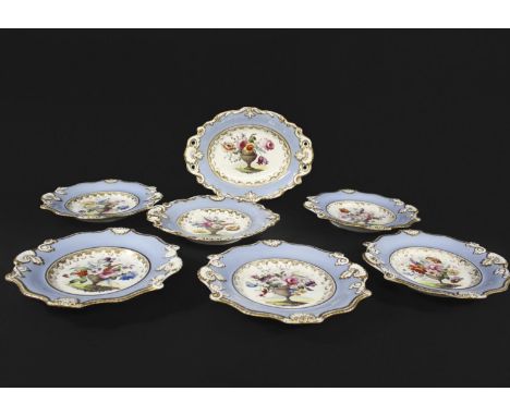 19THC MINTON ENGLISH PART DESSERT SERVICE including an oval dish and twelve plates, each item brightly painted with a variety