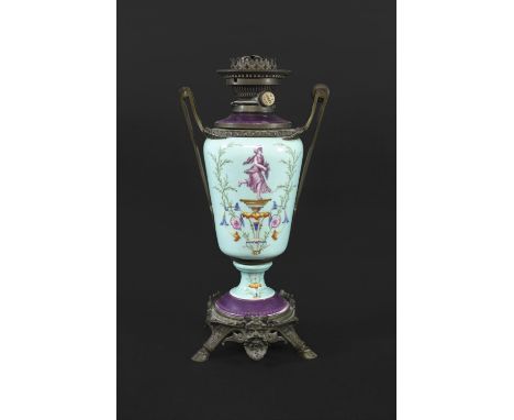 CONTINENTAL PORCELAIN OIL LAMP the oil lamp with a porcelain body, painted with classical figures and flowers and foliage. Wi