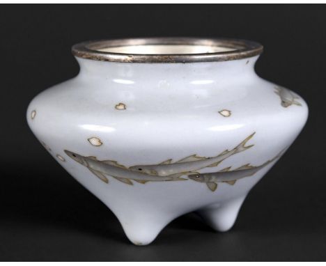 JAPANESE CLOISONNE POT - ANDO SHIPPO COMPANY a small cloisonne enamel circular pot, designed with various fish on a grey grou