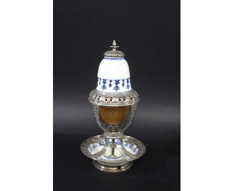 ST CLOUD - PORCELAIN LAMP &amp; METAL MOUNTS with a porcelain fluted top with metal grill and finial, with a glass shade supp