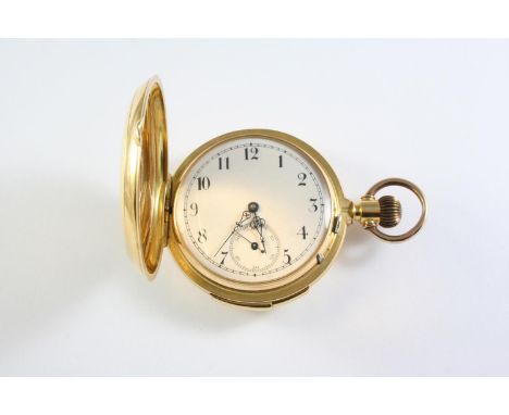 AN 18CT GOLD MINUTE REPEATING FULL HUNTING CASED POCKET WATCH the white enamel dial with Arabic numerals and subsidiary secon