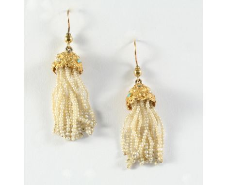 A PAIR OF VICTORIAN GOLD, DIAMOND, TURQUOISE AND SEED PEARL TASSEL DROP EARRINGS each with a gold embossed mount set with ros