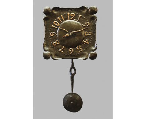 ARTS &amp; CRAFTS COPPER WALL CLOCK with a square shaped face with curved corners, hand beaten and with stylised numbers and 