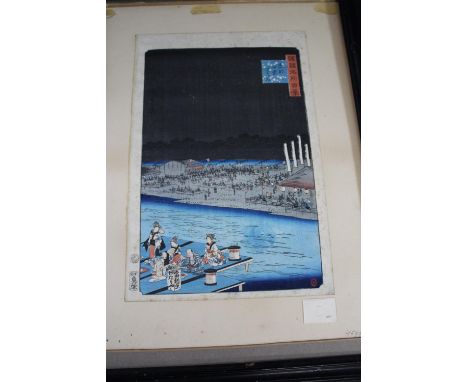 JAPANESE WOODBLOCK PRINT after Utagawa Hiroshege II, 'Enjoying the cool of evening at Shijo, Kyoto', in a mount and frame (pr