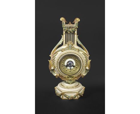 RARE ROYAL WORCESTER LYRE CLOCK an unusual Royal Worcester clock painted in blush ivory colours, with a lyre top and various 