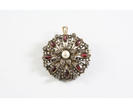 A VICTORIAN GARNET AND DIAMOND BROOCH PENDANT the flowerhead brooch is centred with a small pearl within a surround of oval-s