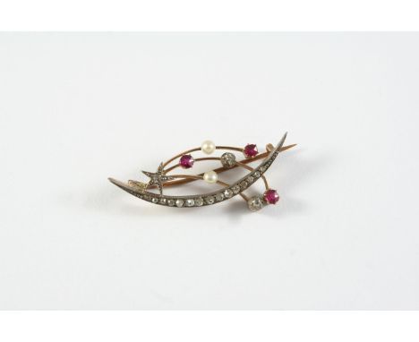 A VICTORIAN DIAMOND, RUBY AND PEARL CRESCENT AND SHOOTING STAR BROOCH set with graduated old circular-cut diamonds, three cir