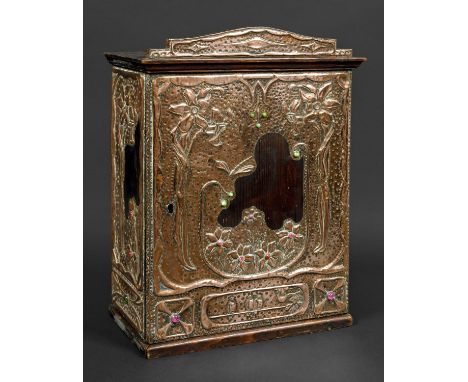 ART NOUVEAU COPPER CABINET probably Continental, made in pine with sheets of hand beaten copper designed with Birds and Flowe