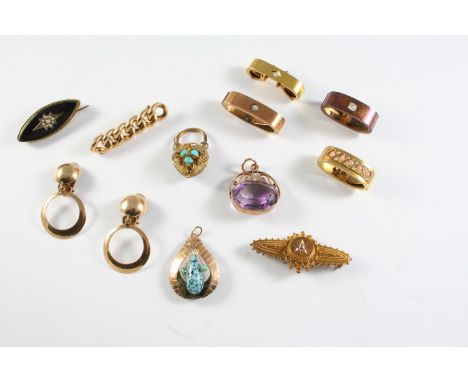 A QUANTITY OF JEWELLERY including an amethyst and 9ct gold fob, a Victorian 15ct gold brooch mounted with a small diamond, 4.