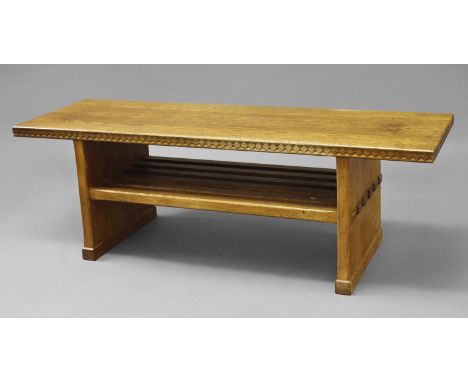 DEVON GUILD OF CRAFTSMEN - ARTS &amp; CRAFTS STYLE COFFEE TABLE by Trevor Pate, the rectangular top with chevron design aroun