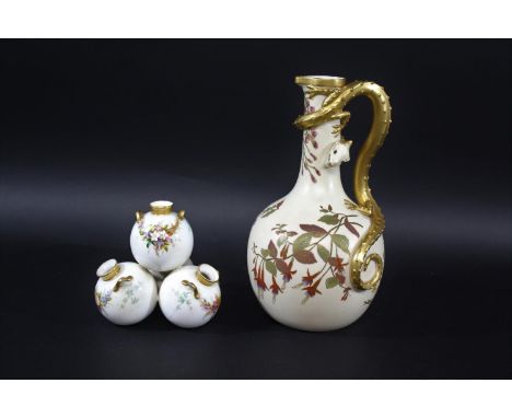 ROYAL WORCESTER LIZARD JUG the blush ivory jug with gilded lizard handle, the body painted with various flowers and foliage. 