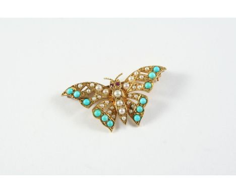 A TURQUOISE AND PEARL BUTTERFLY BROOCH formed with four graduated half pearls to the body, with further half pearls and turqu