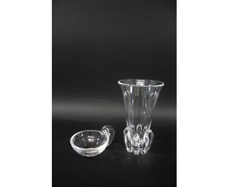 STEUBEN GLASS including an olive bowl designed by John Dreves, and also with a Steuben glass Lotus vase. Both signed and with