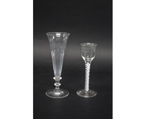 GEORGIAN WINE GLASS, later 18th century, the ogee bowl engraved with fruiting vines on a stem with a multistrand and ribbon d