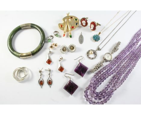 A QUANTITY OF JEWELLERY including an amethyst bead necklace, a silver wristwatch by Rotary, a pair of enamel and silver gilt 
