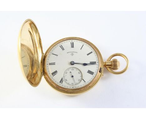 AN 18CT GOLD FULL HUNTING CASED POCKET WATCH the white enamel dial signed Rotherhams, with black Roman numerals and subsidiar