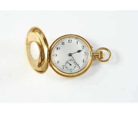 AN 18CT GOLD HALF HUNTING CASED FOB WATCH the white enamel dial with Arabic numerals and subsidiary seconds dial, outer chapt