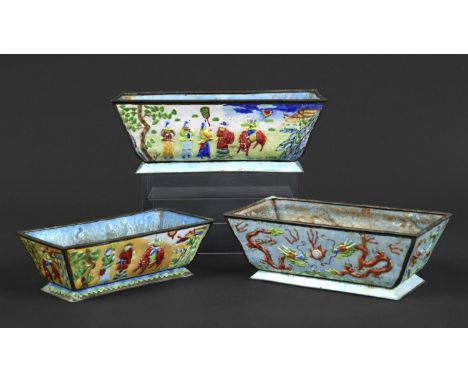 CHINESE CANTON ENAMEL TROUGHS probably late 19thc, the three Canton enamel troughs of graduated size probably for Bonsai. Two