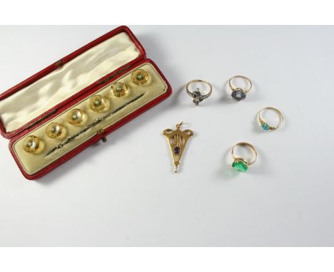 A QUANTITY OF JEWELLERY including a cased set of citrine and opal dress buttons, a sapphire and diamond ring, set in gold, a 