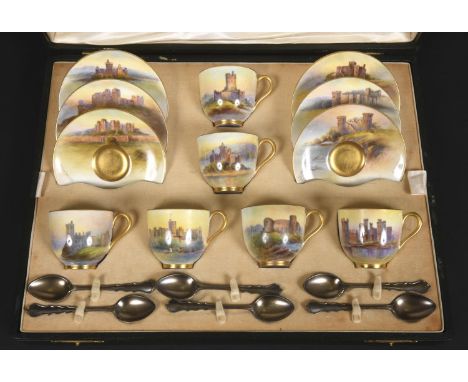 CASED ROYAL WORCESTER COFFEE SET BY RUSHTON - CASTLES an unusual coffee set painted by Raymond Rushton, the six cups and sauc