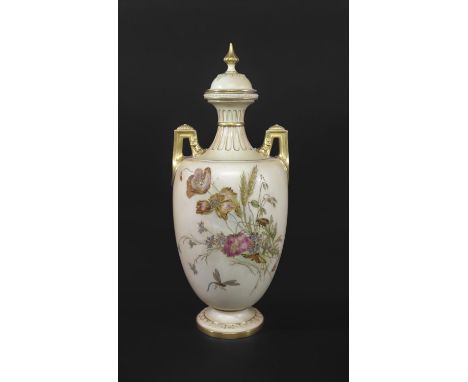 LARGE ROYAL WORCESTER LIDDED VASE a large blush ivory vase painted on both sides with various insects and butterflies, and va