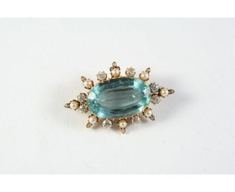 AN AQUAMARINE, DIAMOND AND PEARL BROOCH the oval-shaped aquamarine is set within a surround of circular-cut diamonds and half
