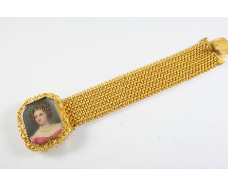 A REGENCY GOLD BRACELET the clasp mounted with a portrait miniature, depicting Mrs. William Fraser, an ancestor of the presen