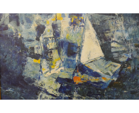 Tony Giles (1925-1994), abstract marine landscape with a yacht, oil on board, signed lower right, 50 x 66cms, framed
