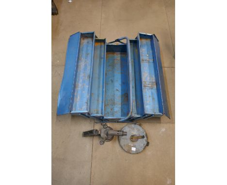 A vintage steel tool box, tape measure, two buckets, etc. 