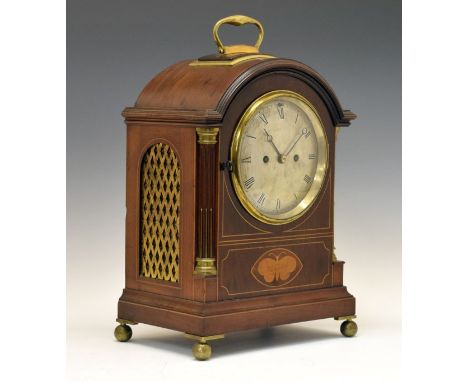 Early 20th Century inlaid mahogany pad-top bracket clock in the George III taste, the silvered convex Roman dial with Breguet