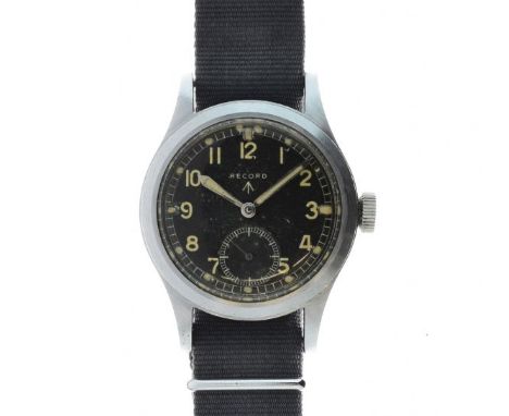 Record - World War II British Military Issue 'Dirty Dozen' wristwatch, signed black dial with sub-seconds, luminous filled ha