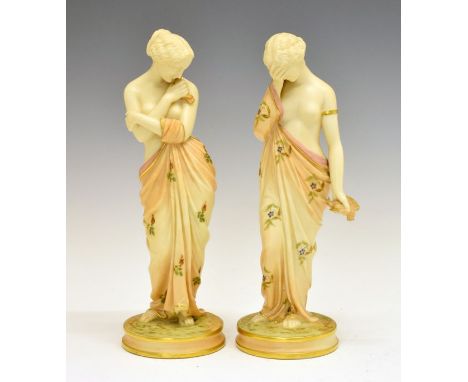 Pair of Royal Worcester blushware figures - Joy and Sorrow, printed marks and date codes for 1899 and 1900, 25cm high  Condit