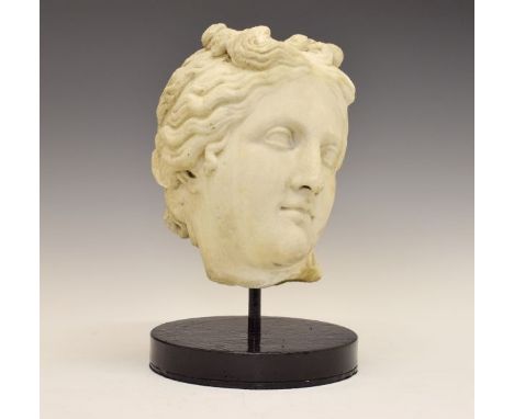 Antique carved white Carrara marble bust of Venus or Aphrodite, modelled with parted curly hair, tied at the back and with he