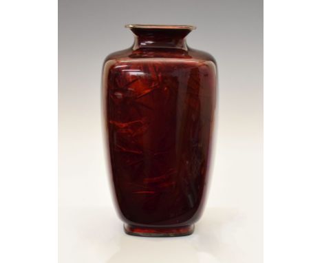 Japanese basse taille Akasuke enamel vase of square tapered form, the whole decorated with birds amongst bamboo, 30cm high  C