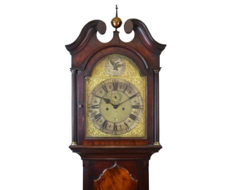 George III mahogany cased eight day brass dial longcase clock, the 12" break arch dial having a silvered chapter ring with Ro