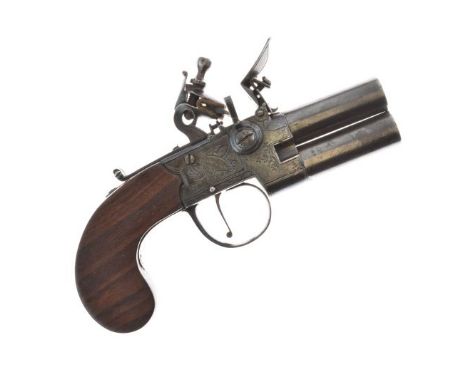 Flintlock 54 bore over and under tap-action pistol, turn-off barrels 4.5cm foliate engraved action and trigger guard, thumb p