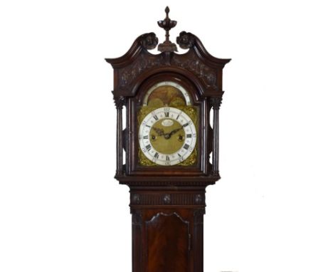 Fine quality mahogany cased Chippendale revival dwarf longcase clock, the 7'' break arched brass dial having a silvered chapt