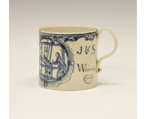18th Century Yorkshire creamware mug primitively painted in underglaze blue with a figure working at a loom and a woman at a 