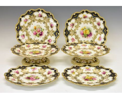 Early 20th Century Royal Worcester part dessert service having gilt highlighted painted floral decoration by Ernest Phillips,