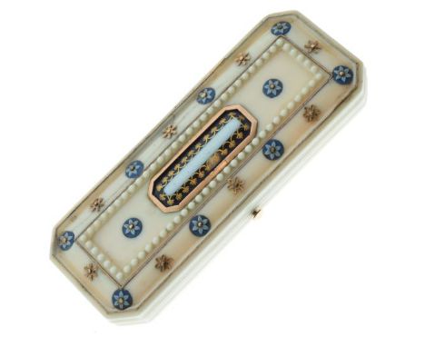 Regency ivory toothpick case, the hinged cover inset with a central panel bearing the faint script 'L'Amour' within a yellow 