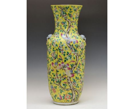 19th Century Chinese Famille Jaune baluster shaped vase, decorated in polychrome enamels with butterflies amongst stylised fo