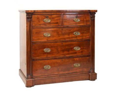 Early 19th Century mahogany chest of drawers, the inverted breakfront top over two short and three long graduated cockbeaded 