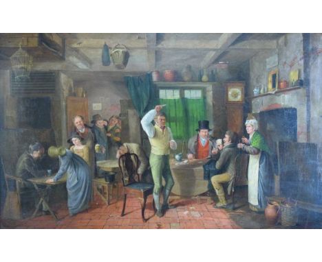 William West (1801-1861) - Oil on wooden panel - The Card Game, being a tavern interior with a disgruntled loser throwing dow