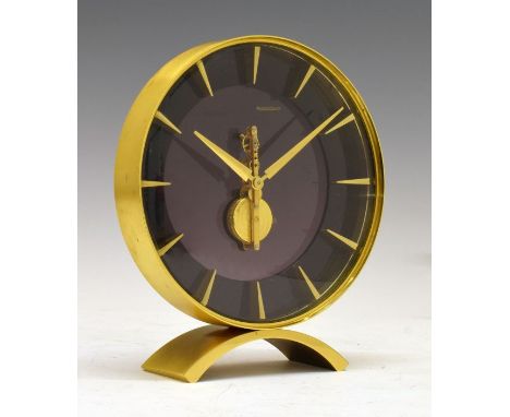 Rare mid 20th Century Jaeger LeCoultre model 413 desk clock, the black circular dial with gilt baton markers to chapter ring 