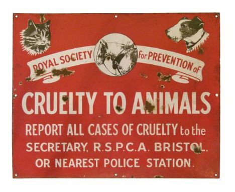 Vintage enamel R.S.P.C.A. sign - Royal Society For The Prevention Of Cruelty To Animals, the red enamel sign with vignettes o