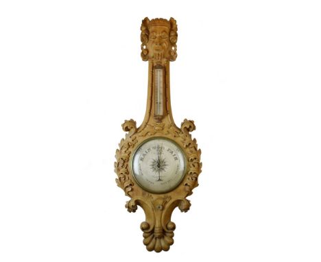 Late 19th Century carved and stripped softwood aneroid barometer, Emilio Zuccani, No.32 & 33, Mansell St, Whitechapel, London