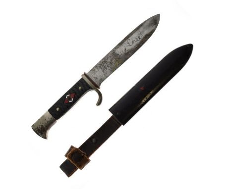 Militaria - Third Reich Hitler Youth Knife, plain single edged blade, 14cm long, etched with motto 'Blut und Ehre' and 'Justi