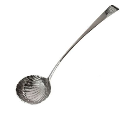 George III Irish silver Old English Feather Edge pattern ladle having a scalloped bowl, sponsors mark of Michael Keating, Dub